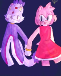 Size: 614x768 | Tagged: safe, artist:quesadillita_94, amy rose, blaze the cat, cat, hedgehog, 2023, amy x blaze, amy's halterneck dress, blaze's tailcoat, blushing, cute, female, females only, holding hands, lesbian, looking at viewer, shipping