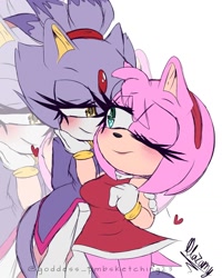 Size: 1080x1352 | Tagged: safe, artist:goddess_pmbsketching23, amy rose, blaze the cat, cat, hedgehog, 2022, amy x blaze, amy's halterneck dress, blaze's tailcoat, blushing, cute, female, females only, hand on arm, hand on chin, hearts, lesbian, one eye closed, shipping