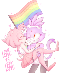 Size: 950x1150 | Tagged: safe, artist:lumiinate, amy rose, blaze the cat, cat, hedgehog, 2017, amy x blaze, carrying them, cute, english text, eyes closed, female, females only, hearts, lesbian, one eye closed, pride, pride flag, shipping