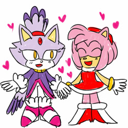 Size: 1024x1024 | Tagged: safe, artist:xxsonicsoupxx, amy rose, blaze the cat, cat, hedgehog, 2016, amy x blaze, amy's halterneck dress, blaze's tailcoat, cute, eyes closed, female, females only, hearts, holding hands, lesbian, mouth open, shipping