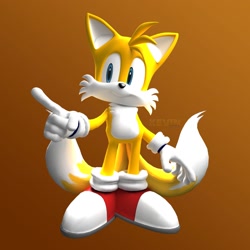 Size: 1500x1500 | Tagged: safe, artist:kevin3904, miles "tails" prower, sonic heroes, 2021, 3d, gradient background, looking offscreen, pointing, posing, signature, smile, solo, standing