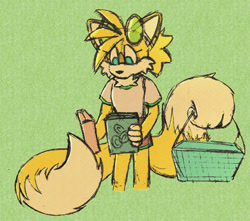Size: 2048x1814 | Tagged: safe, artist:prowerprojects, miles "tails" prower, basket, eyelashes, holding something, looking at something, nonbinary, shopping, solo, sunglasses, tail hold