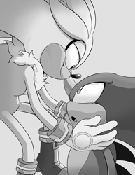 Size: 1582x2048 | Tagged: safe, artist:corffee, espio the chameleon, silver the hedgehog, duo, flying, gay, grey background, greyscale, hands on another's face, looking at each other, monochrome, mouth open, shipping, silvio, simple background, smile