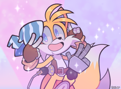 Size: 2048x1497 | Tagged: safe, artist:pinksodaeve, miles "tails" prower, sails, sonic prime, abstract background, backwards v sign, double v sign, looking at viewer, mouth open, signature, smile, solo, sparkles, standing, v sign