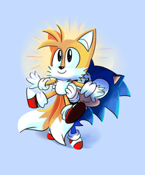 Size: 1500x1800 | Tagged: safe, artist:sofibeth-arts, miles "tails" prower, sonic the hedgehog, blue background, carrying them, chibi, duo, holding them, simple background, smile, sonabetes, standing, tailabetes