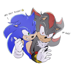 Size: 1200x1100 | Tagged: safe, artist:emii-c269, shadow the hedgehog, sonic the hedgehog, dialogue, duo, english text, frown, simple background, smile, star (symbol), surprised, thumbs up, white background