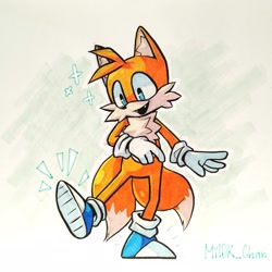 Size: 2048x2048 | Tagged: safe, artist:milokchan, miles "tails" prower, abstract background, blue shoes, looking at something, mouth open, signature, smile, solo, standing on one leg