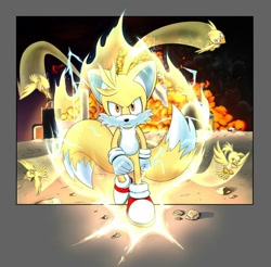 Size: 736x724 | Tagged: artist needed, source needed, safe, miles "tails" prower, super tails, abstract background, ambiguous gender, badass, city, explosion, flying, group, looking at viewer, super form, walking