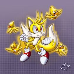 Size: 640x640 | Tagged: safe, artist:riotaiprower, flicky, miles "tails" prower, super tails, abstract background, ambiguous gender, flying, group, signature, smile, super form