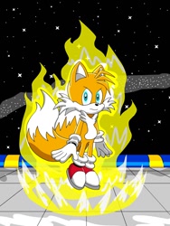 Size: 600x800 | Tagged: safe, artist:ingolme, miles "tails" prower, super tails, 2006, abstract background, flying, frown, glowing eyes, looking at viewer, solo, sonic x style, space, star (sky), super form