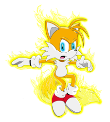 Size: 810x897 | Tagged: safe, artist:ingolme, miles "tails" prower, super tails, 2007, frown, looking at viewer, mouth open, simple background, solo, sonic x style, sparkles, star (symbol), super form, transparent background