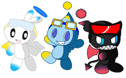 Size: 1010x630 | Tagged: safe, artist:boyiscool300, chao, 2008, arms folded, dark chao, genderless, goggles, goggles on head, hero chao, looking at viewer, neutral chao, riders style, sharp teeth, simple background, smile, trio, white background