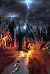 Size: 348x512 | Tagged: safe, sonic the hedgehog, sonic the hedgehog (2006), city, clouds, concept art, crisis city, lightning, official artwork, rail grinding, railing, solo, tornado
