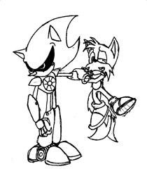 Size: 652x778 | Tagged: safe, artist:alhedgehog, metal sonic, miles "tails" prower, 2008, black and white, black sclera, duo, holding another's neck, holding them, line art, one eye closed, robot, simple background, strangling, white background