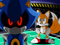 Size: 2000x1503 | Tagged: safe, artist:kamicciolo, metal sonic, miles "tails" prower, 2022, abstract background, black sclera, bleeding, blood, clenched fists, death egg, duo, frown, glowing eyes, looking at them, looking at viewer, robot, scratch (injury), shadow (lighting), standing