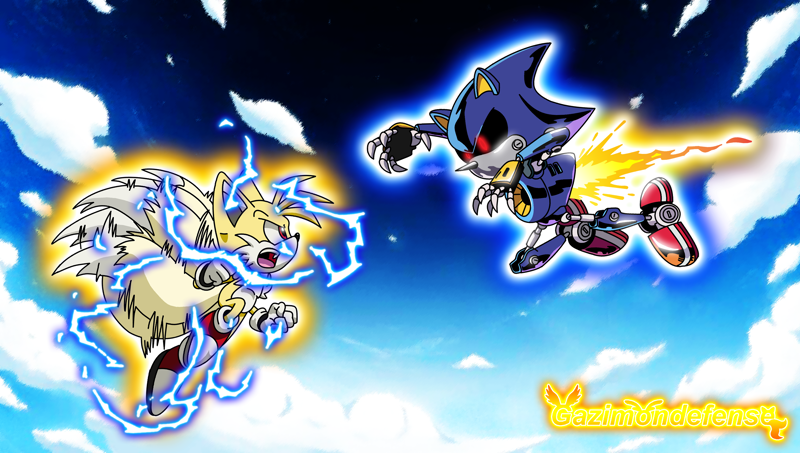 15947 - safe, artist:gazimondefense, metal sonic, miles tails prower, super  tails, 2020, black sclera, clouds, duo, electricity, fight, fire, flying,  glowing eyes, looking at each other, outdoors, outline, robot, spinning  tails, super