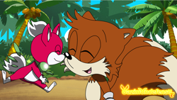 Size: 5032x2848 | Tagged: safe, artist:gazimondefense, chip, miles "tails" prower, adventures of sonic the hedgehog, 2021, abstract background, chipabetes, cute, dawww, duo, eyes closed, flapping wings, flying, nose boop, noses are touching, nuzzle, palm tree, standing, tailabetes