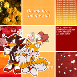 Size: 2000x2000 | Tagged: safe, artist:proship-moodboards, miles "tails" prower, shadow the hedgehog, blushing, duo, english text, gay, moodboard, shadails, shipping