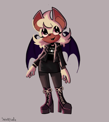 Size: 1666x1854 | Tagged: safe, artist:saturnsoda, rouge the bat, alternate outfit, cute, goth, goth outfit, goth rouge, grey background, lidded eyes, looking up, rougabetes, signature, simple background, smile, solo, standing