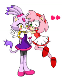 Size: 1024x1288 | Tagged: safe, artist:peachyemily, amy rose, blaze the cat, cat, hedgehog, 2017, amy x blaze, blushing, cute, female, females only, gymnastic outfit, hearts, hugging, lesbian, one eye closed, shipping