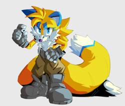 Size: 2048x1736 | Tagged: safe, artist:dunkinbublin, miles "tails" prower, belt, boots, colored ears, grey background, grey gloves, holding something, looking up at viewer, nut, older, pants, simple background, smile, solo, standing