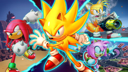 Size: 1920x1080 | Tagged: safe, artist:tyler mcgrath, amy rose, knuckles the echidna, miles "tails" prower, sonic the hedgehog, super sonic, abstract background, glitch, group, sonic frontiers: final horizon, super form