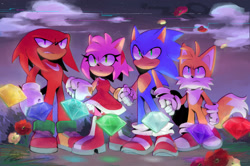 Size: 2048x1359 | Tagged: safe, artist:pixiefeatherkw3, amy rose, knuckles the echidna, miles "tails" prower, sonic the hedgehog, sonic frontiers, abstract background, chaos emerald, clouds, crescent chest mark, frown, group, holding hands, looking up, redraw, sonic frontiers: final horizon, standing