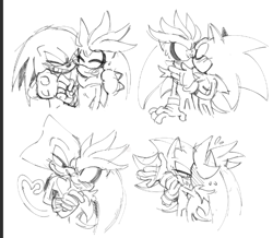 Size: 679x593 | Tagged: safe, artist:urunclesonic, espio the chameleon, knuckles the echidna, shadow the hedgehog, silver the hedgehog, sonic the hedgehog, arm around shoulders, blushing, gay, group, holding them, kiss, knuxilver, line art, looking at each other, shadow x silver, shipping, silvio, simple background, sketch, smile, sonilver, standing, surprised, sweatdrop, white background