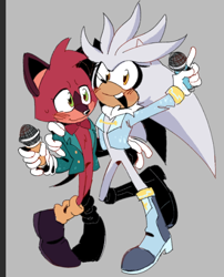 Size: 500x620 | Tagged: safe, artist:urunclesonic, barry the quokka, silver the hedgehog, blushing, duo, gay, grey background, holding each other, holding something, microphone, shipping, silvarry, simple background, smile, standing, sweatdrop