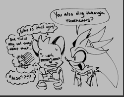 Size: 390x306 | Tagged: safe, artist:urunclesonic, barry the quokka, silver the hedgehog, bust, dialogue, duo, english text, gay, grey background, lidded eyes, line art, looking at them, looking away, shipping, silvarry, simple background, speech bubble, standing, sweatdrop, thought bubble