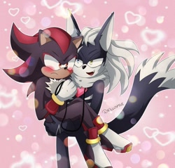 Size: 1177x1125 | Tagged: safe, artist:killusmile, infinite the jackal, shadow the hedgehog, blushing, carrying them, duo, frown, gay, heart, holding something, leash, pink background, shadfinite, shipping, simple background, smile, standing