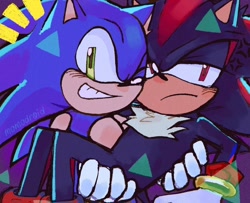 Size: 1024x832 | Tagged: safe, artist:momodroid, shadow the hedgehog, sonic the hedgehog, sonic prime s2, abstract background, blushing, carrying them, frown, gay, lidded eyes, looking at viewer, looking away, shadow x sonic, shipping, smile, wink