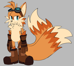 Size: 865x774 | Tagged: safe, artist:frostiios, miles "tails" prower, boots, brown gloves, brown shoes, colored arms, colored ears, colored legs, colored tail, frown, goggles, grey background, looking at viewer, redesign, simple background, solo, standing
