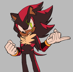 Size: 802x785 | Tagged: safe, artist:frostiios, shadow the hedgehog, chipped ear, clenched teeth, ear piercing, grey background, heterochromia, looking offscreen, pointing, redesign, scar, simple background, solo, standing