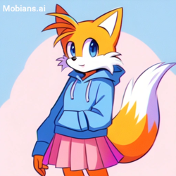 Size: 2048x2048 | Tagged: safe, ai art, artist:mobians.ai, miles "tails" prower, abstract background, hand in pocket, hoodie, looking at viewer, prompter:taeko, skirt, smile, solo, standing, trans female, transgender