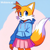 Size: 2048x2048 | Tagged: safe, ai art, artist:mobians.ai, miles "tails" prower, abstract background, hand in pocket, hoodie, looking at viewer, prompter:taeko, skirt, smile, solo, standing, trans female, transgender