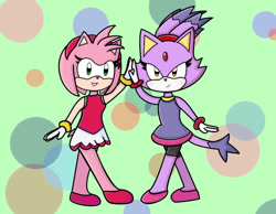 Size: 750x582 | Tagged: safe, artist:misstiff, amy rose, blaze the cat, cat, hedgehog, 2019, amy x blaze, cute, female, females only, gymnastic outfit, holding hands, lesbian, looking at viewer, mario & sonic at the olympic games, shipping