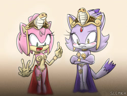 Size: 1920x1460 | Tagged: safe, artist:slemka, amy rose, blaze the cat, cat, hedgehog, 2019, amy x blaze, arms folded, blushing, cute, female, females only, lesbian, mouth open, shipping