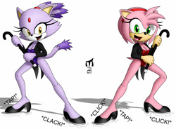Size: 1279x943 | Tagged: safe, artist:amidnarasu, amy rose, blaze the cat, cat, hedgehog, 2018, amy x blaze, cute, dancing, female, females only, lesbian, looking at viewer, shipping, tapping foot