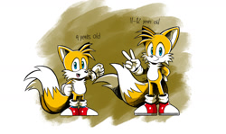 Size: 1816x1080 | Tagged: safe, artist:alexiscreed02, miles "tails" prower, 2021, abstract background, age comparison, classic tails, clenched fist, duo, english text, looking at viewer, modern tails, smile, standing, v sign