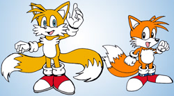 Size: 1158x642 | Tagged: safe, artist:vixdojofox, miles "tails" prower, 2022, classic tails, clenched fists, duo, flat colors, gradient background, looking at viewer, modern tails, mouth open, self paradox, smile, standing, waving