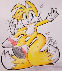 Size: 1390x1608 | Tagged: safe, artist:yoshiyoshi700, miles "tails" prower, 2021, arms out, eye clipping through hair, heart, looking at viewer, modern tails, mouth open, signature, smile, tail stand, tailabetes, traditional media