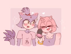 Size: 1309x1000 | Tagged: safe, artist:itsniknikki, amy rose, blaze the cat, cat, hedgehog, 2023, amy x blaze, blushing, cute, eyes closed, female, females only, hearts, lesbian, shipping, sparkles