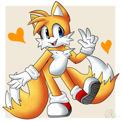 Size: 2000x2000 | Tagged: safe, artist:yoshiyoshi700, miles "tails" prower, sonic the hedgehog 2 (2022), 2021, beige background, border, heart, looking offscreen, mouth open, signature, simple background, smile, solo, standing on one leg, tailabetes