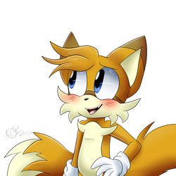 Size: 2000x2000 | Tagged: safe, artist:yoshiyoshi700, miles "tails" prower, 2020, aged up, alternate universe, blushing, commission, looking up, mouth open, older, signature, simple background, smile, solo, standing, teenager, white background