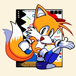Size: 1024x1024 | Tagged: safe, artist:mrsspindash, miles "tails" prower, abstract background, blue shoes, classic tails, looking at viewer, mouth open, smile, solo, standing on one leg