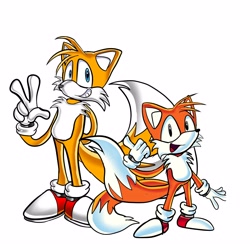 Size: 4070x4070 | Tagged: safe, artist:bob1777j7j7, miles "tails" prower, classic tails, duo, looking at viewer, modern tails, self paradox, simple background, smile, standing, thumbs up, uekawa style, v sign, white background