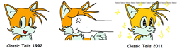Size: 1277x368 | Tagged: safe, artist:satam-junkie, miles "tails" prower, 2011, classic tails, cross popping vein, duo, english text, kawai, mouth open, offscreen character, op has a point, punching, simple background, solo focus, sparkles, star (symbol), style comparison, tails abuse, unknown character, white background