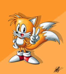 Size: 1133x1283 | Tagged: safe, artist:tyler mcgrath, miles "tails" prower, 2019, abstract background, classic tails, hand on hip, looking at viewer, mouth open, shadow (lighting), signature, smile, solo, standing, v sign, yellow fur