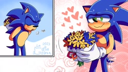 Size: 1920x1080 | Tagged: safe, artist:la_gata_golosa_, sonic the hedgehog, 2023, abstract background, blushing, flower bouquet, heart, heart eyes, holding something, lidded eyes, nervous, sfx, smile, solo, sparkles, standing, sweatdrop